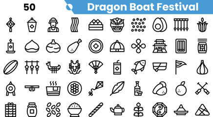 Illustrative icons representing the Dragon Boat Festival, featuring symbols of tradition and celebration.