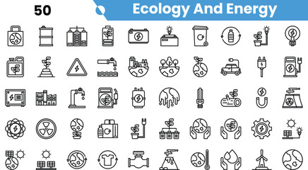 A collection of eco-friendly energy icons representing sustainability, recycling, and renewable resources.