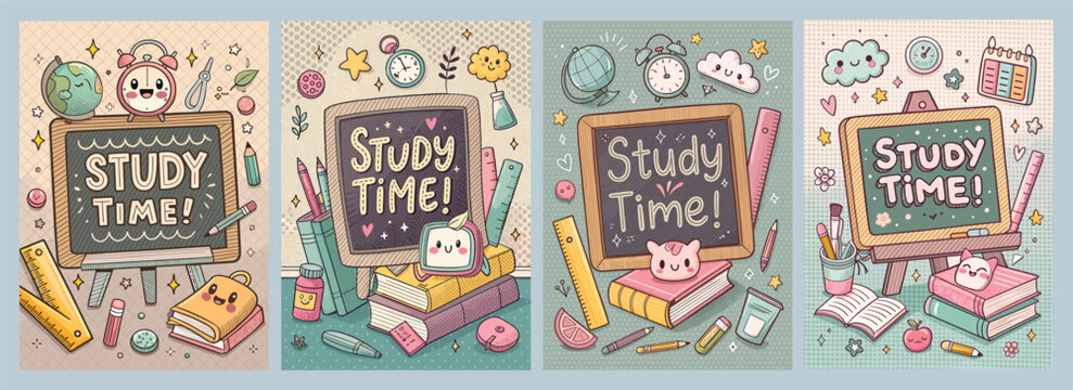 Vibrant Playful Study Time Illustrations with Chalkboards Stationery and Fun Characters for Engaging Educational Content and Inspiring Poster Designs