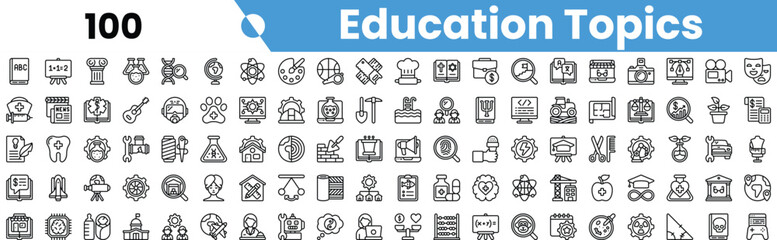 Fototapeta premium A diverse collection of educational topic icons in a minimalistic black and white design, enhancing creativity and learning.