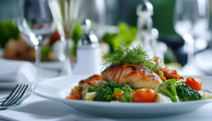 In a luxurious restaurant, a plate of healthy food is elegantly presented on a white tablecloth, surrounded by a variety of vibrant green vegetables, juicy red tomatoes, and tender pieces of cooked