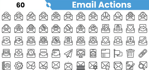 A collection of email action icons in a simple line art style, showcasing various functionalities and features relevant to email management.