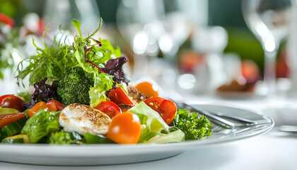 In a luxurious restaurant, a plate of healthy food is elegantly presented on a white tablecloth, surrounded by a variety of vibrant green vegetables, juicy red tomatoes, and tender pieces of cooked
