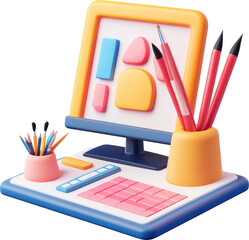 Naklejka premium Stylized Digital Workspace with Colorful Shapes and Drawing Tools on a Blue and White Platform