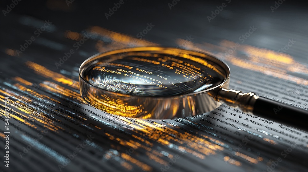 Poster magnifying glass on glowing digital code abstract technology background modern data analysis softwar