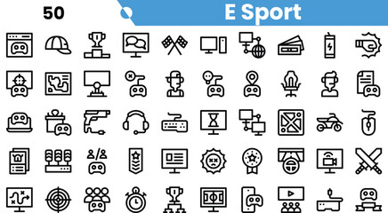 A diverse collection of minimalist icons representing various aspects of esports, including gaming devices, trophies, and player avatars.