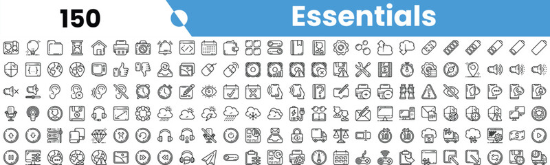 A collection of essential icons in a minimalist, monochrome style, showcasing various everyday concepts and tools.