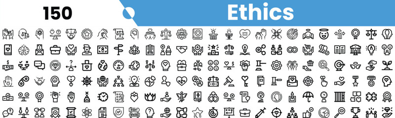 A collection of monochromatic icons representing various concepts related to ethics and morality.