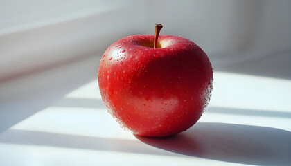 red apple on a white table background slowly rotating in circular mtion