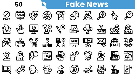A collection of icons representing fake news, featuring symbols of deception, communication, and digital media.