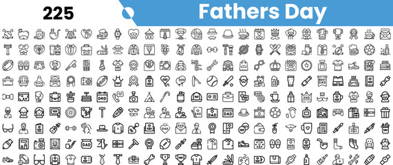 A collection of line-style icons celebrating Father's Day, featuring themes related to fatherhood, hobbies, and gifts.
