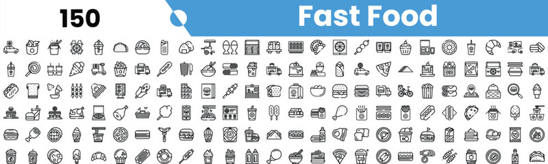 A collection of monochrome icons representing various fast food items including burgers, fries, and beverages.