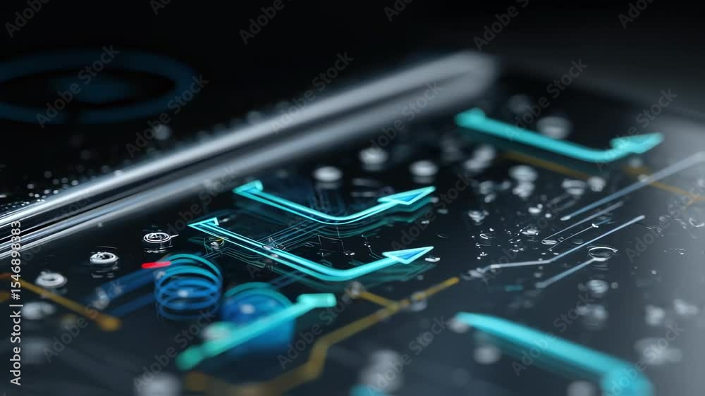 Poster complex network of interconnected arrows and data flow visualized on a futuristic transparent displa