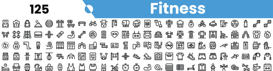 A comprehensive collection of fitness icons, showcasing various activities and equipment that promote health and wellness.