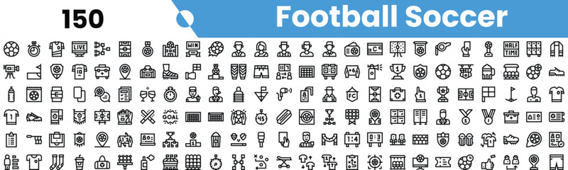 A comprehensive collection of black and white icons representing football and soccer elements, perfect for sports-themed designs. © Sk Sa
