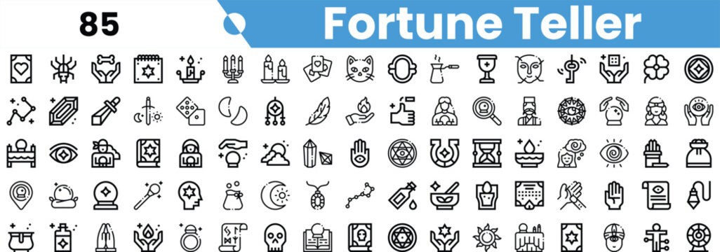 A diverse collection of fortune teller icons featuring mystical symbols, tarot cards, and tools associated with divination.
