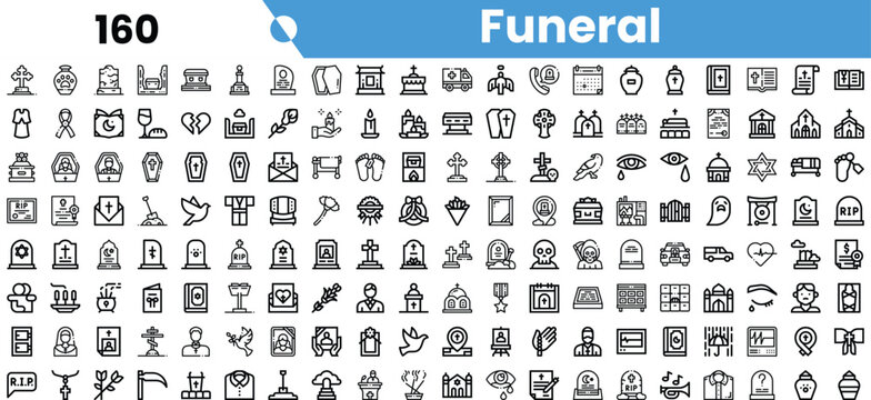 A diverse collection of funeral-related icons in black and white, depicting various symbols associated with mourning and remembrance.