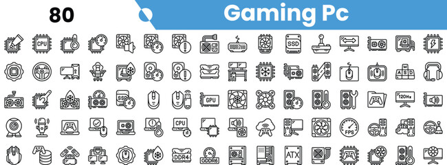 A comprehensive collection of gaming PC icons, featuring components like GPUs, CPUs, and peripherals, all in a sleek black and white design.