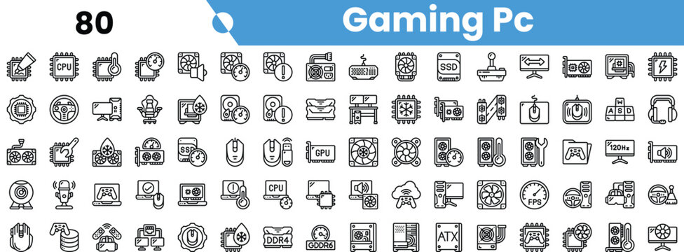 A comprehensive collection of gaming PC icons, featuring components like GPUs, CPUs, and peripherals, all in a sleek black and white design.