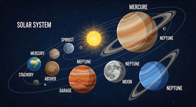 Illustration of the solar system with planets and their orbits against a dark blue space background