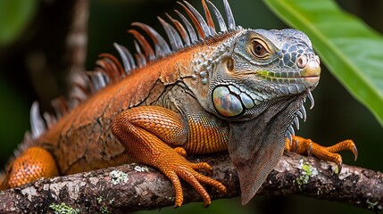 Naklejka premium Closeup of a Green Iguana Perched a Tropical Tree Branch In Natural Daylight Macro View of Reptile Skin Texture and Sharp Eye Detail In Wild Habitat