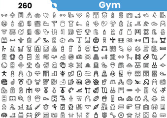 A vibrant collection of gym-related icons in black and white, showcasing fitness equipment, activities, and health symbols.