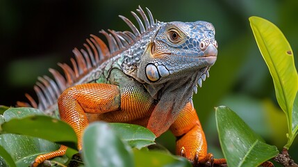 Fototapeta premium Closeup of a Green Iguana Perched a Tropical Tree Branch In Natural Daylight Macro View of Reptile Skin Texture and Sharp Eye Detail In Wild Habitat