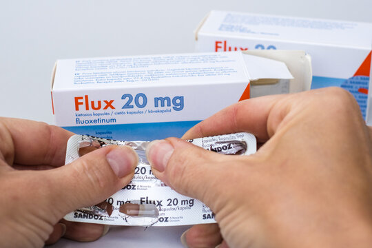 Tallinn, Estonia - June 22, 2025: Flux capsules contain fluoxetinum (fluoxetine), a selective serotonin reuptake inhibitor (SSRI) for depression, anxiety. Manufactured by Sandoz, division of Novartis.
