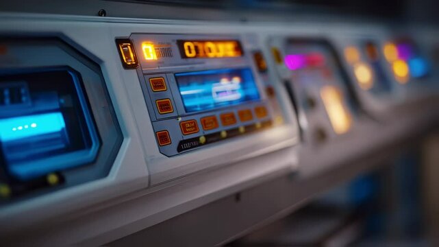 Complex futuristic control panel with illuminated displays and buttons showing various data and readings inside a spaceship cockpit. Suggesting advanced technology and innovation in space exploration