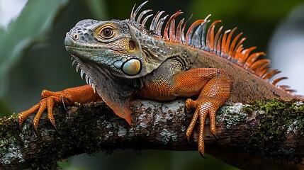 Fototapeta premium Closeup of a Green Iguana Perched a Tropical Tree Branch In Natural Daylight Macro View of Reptile Skin Texture and Sharp Eye Detail In Wild Habitat
