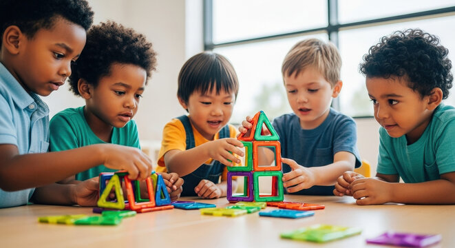 Diverse group of preschool children collaborating on a STEM building project in a modern classroom, embodying early childhood education, teamwork, and inclusive learning environments - Powered by Adobe