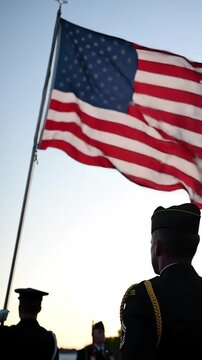 American Flag Ascends: A reverent low-angle shot captures the Stars and Stripes being raised during a somber Veterans Day tribute, honoring soldiers with dignity.