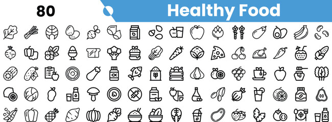 A vibrant collection of healthy food icons, showcasing a variety of fruits, vegetables, and nutritious options.