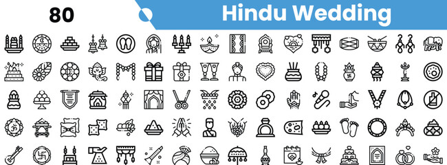 A collection of elegant black and white icons representing various elements of a Hindu wedding ceremony.