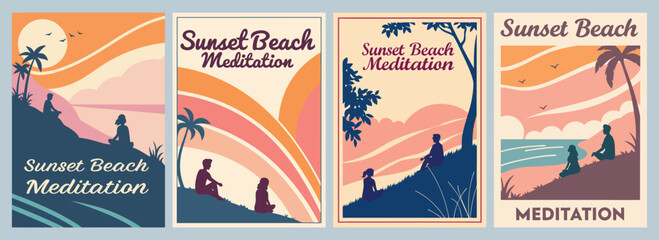 Serene Silhouettes Meditating at Sunset Beach Calming Colors Poster Designs for Tranquility and Peace