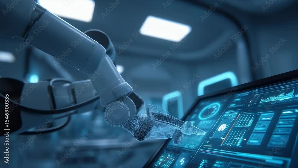 Poster advanced robotic arm interacting with a futuristic control panel, displaying complex data visualizat
