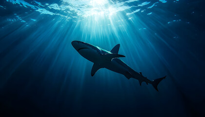 Obraz premium Silhouetted shark gliding through deep ocean with dramatic light rays above