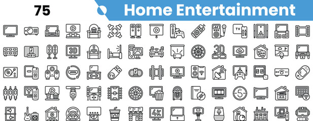 Diverse home entertainment icons, showcasing various devices and setups for enjoyable media experiences.