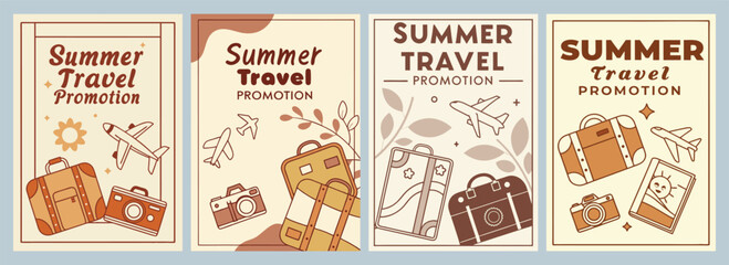 Vibrant Summer Travel Promotion Banners Featuring Nostalgic Themes and Travel Icons Stunning Poster Designs
