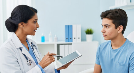 A dermatologist consults with a teenage patient about acne treatment in a modern clinic, representing inclusive dermatological care and effective skincare solutions