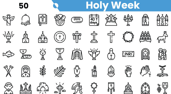 A collection of minimalistic icons representing symbols and themes associated with Holy Week, featuring crosses, churches, and religious elements.