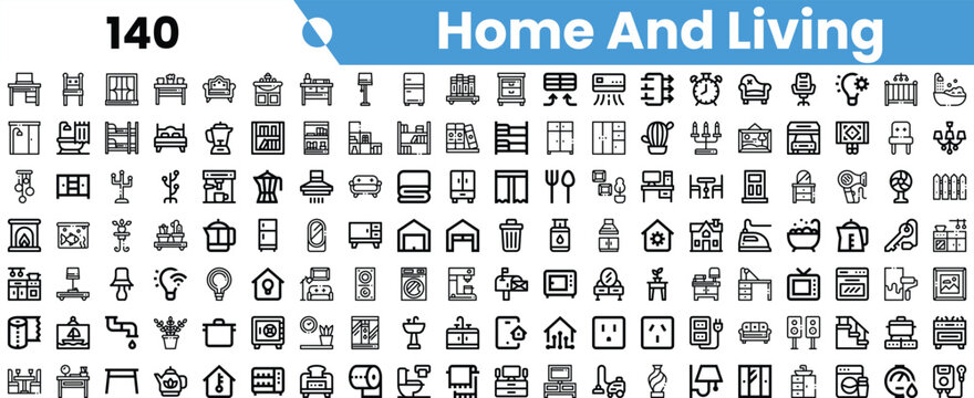 A collection of stylish black and white icons representing home and living themes, including furniture, decor, appliances, and lifestyle elements.