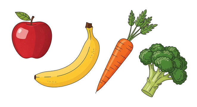 Illustration of a red apple, yellow banana, orange carrot, and green broccoli on a white background - Powered by Adobe