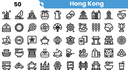 A diverse collection of black and white icons representing Hong Kong's culture and attractions, including landmarks, food, and traditional symbols.