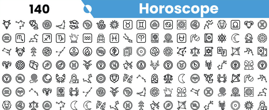 A diverse collection of black and white horoscope symbols, representing various zodiac signs and astrological elements.