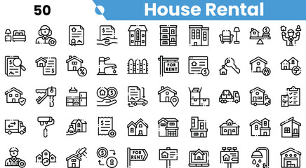 A diverse collection of house rental icons, featuring keys, documents, and furniture symbolizing the renting process.