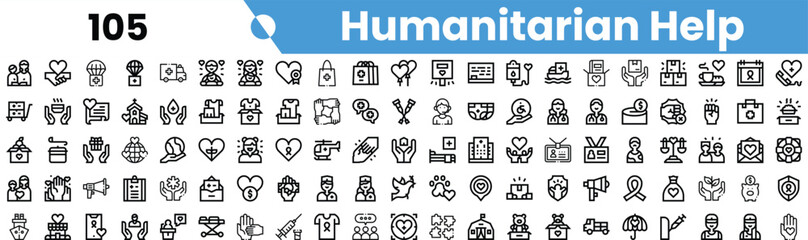A diverse collection of icons representing humanitarian help, showcasing various aspects of aid, community support, and assistance in need.