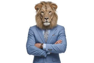 Powerful Lion Head Businessman Portrait professional attire strong leadership concept, transparent background