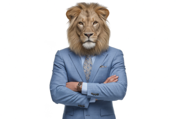Powerful Lion Head Businessman Portrait professional attire strong leadership concept, transparent background