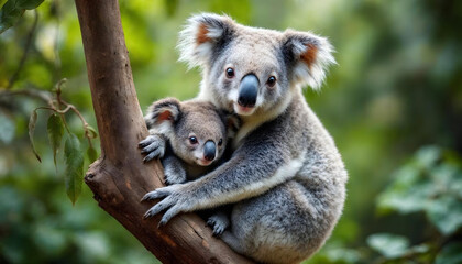 Fototapeta premium a koala bear mother hugging her baby, lush green forest background, realistic, 8k, highly detailed